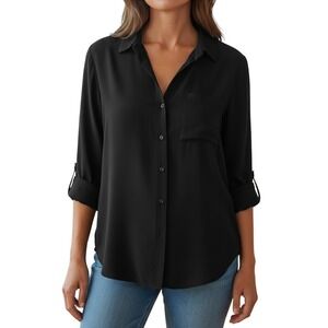 PLEIONE Black Long Sleeve‎ Collared Button Front Pocket Shirt Women Size M